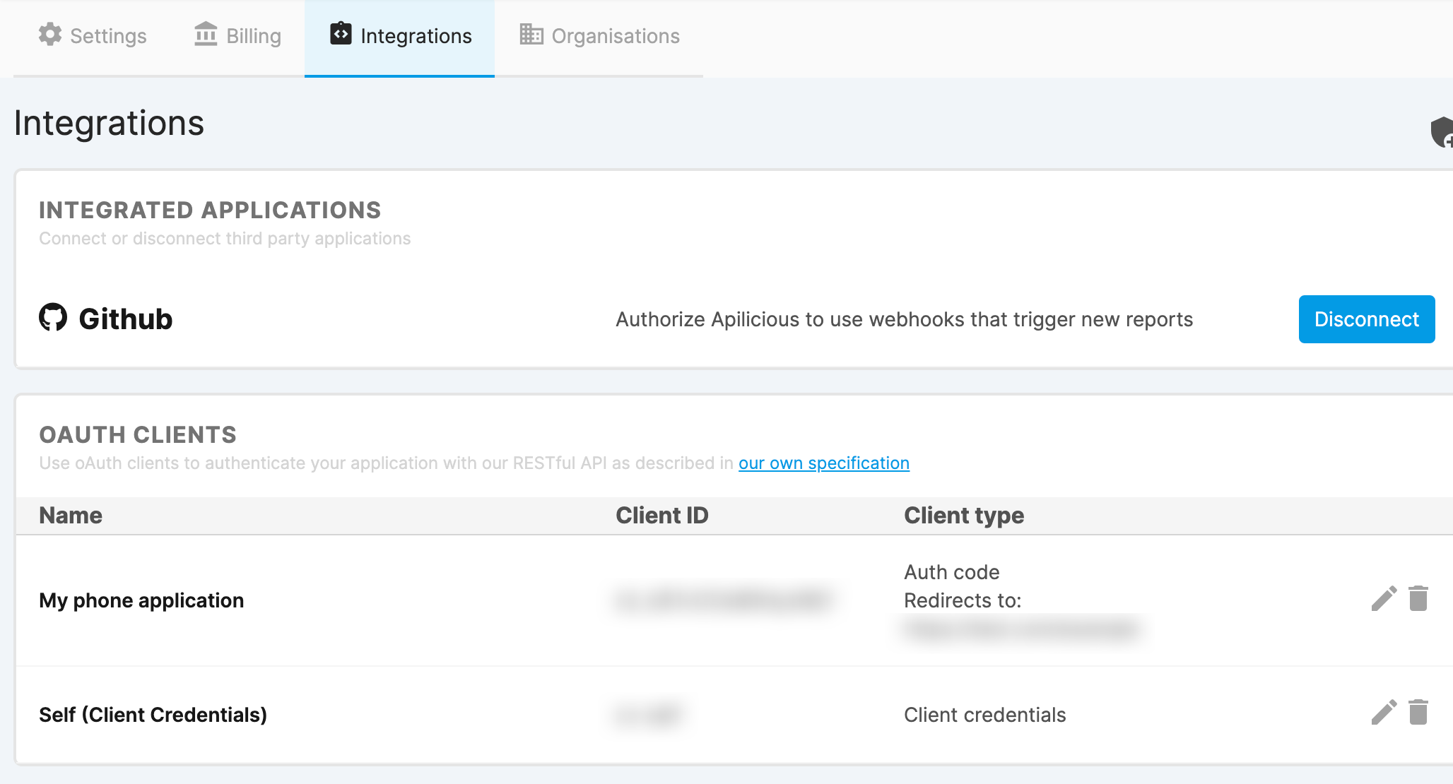 Authorize third party integrations, or manage your own oAuth clients for API integration
